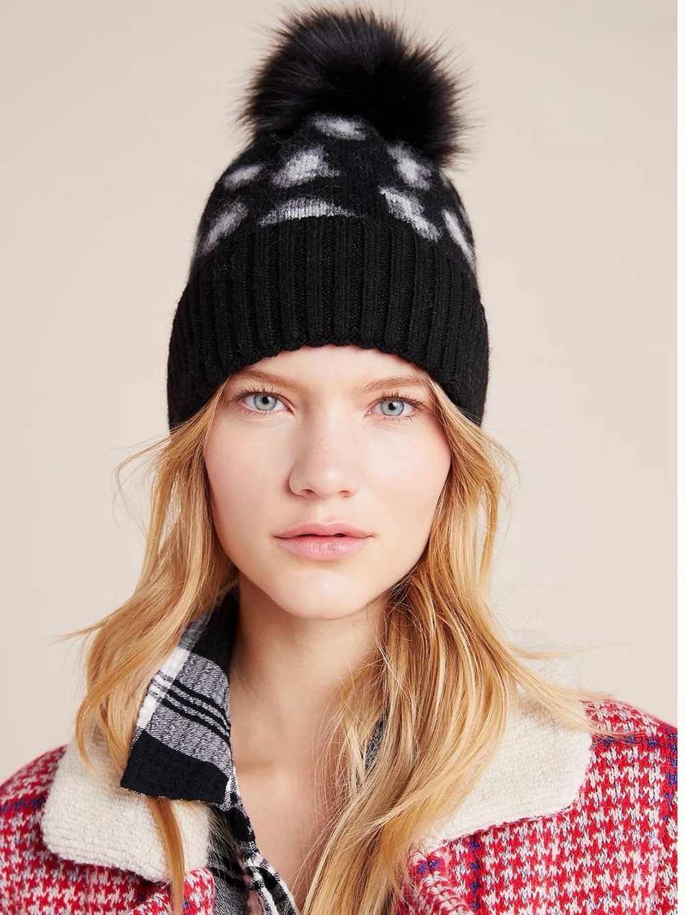 NWT Rebecca Minkoff Black Leopard Print Knit Beanie Hat w Pom Pom NWT One Size